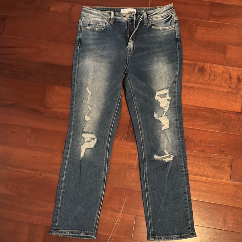 Blue Straight Leg Distressed Jeans